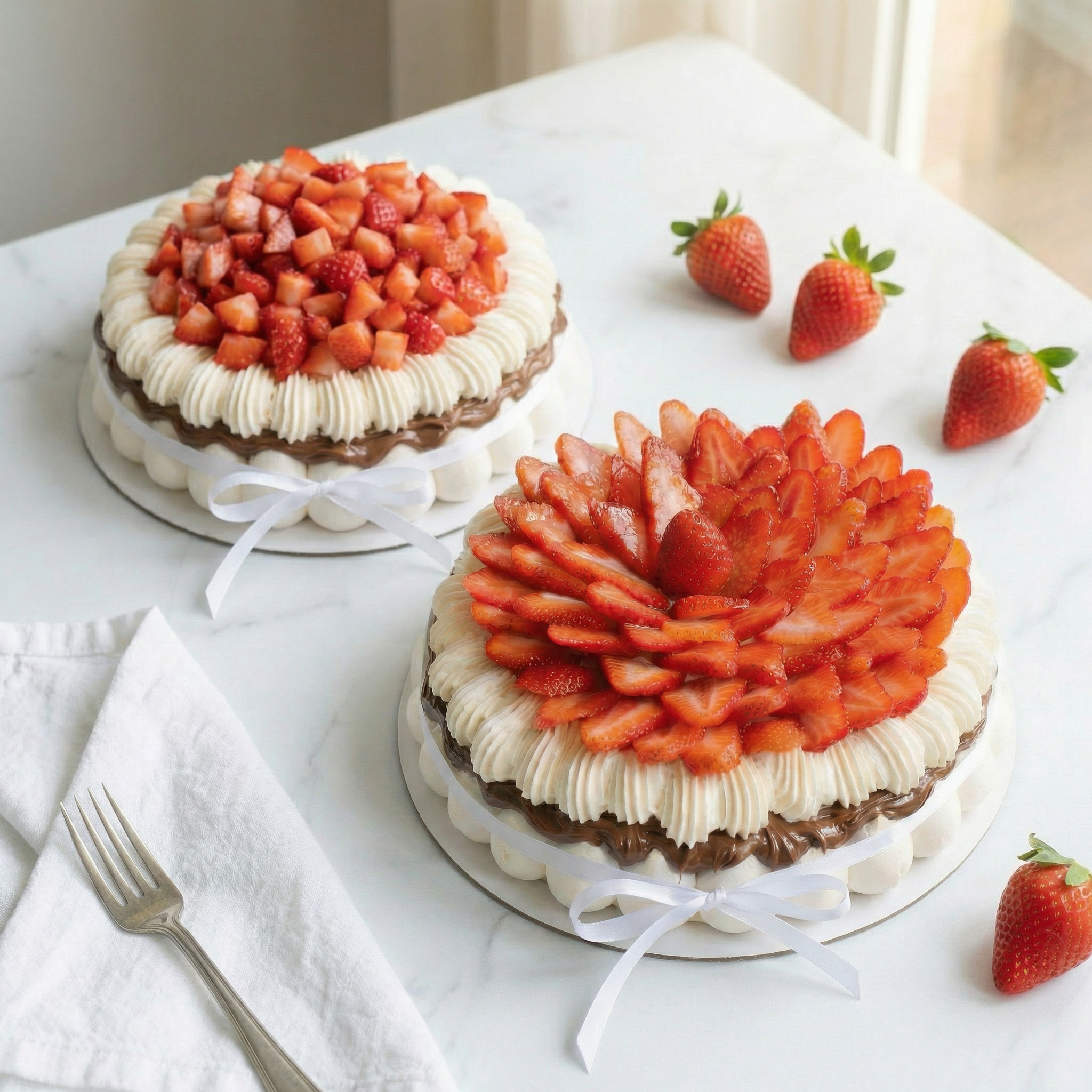 Both Cakish pavlova finishes side by side on white marble.