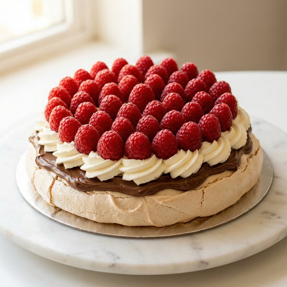 Raspberry Pavlova — Whole fresh raspberries arranged in a striking dome pattern