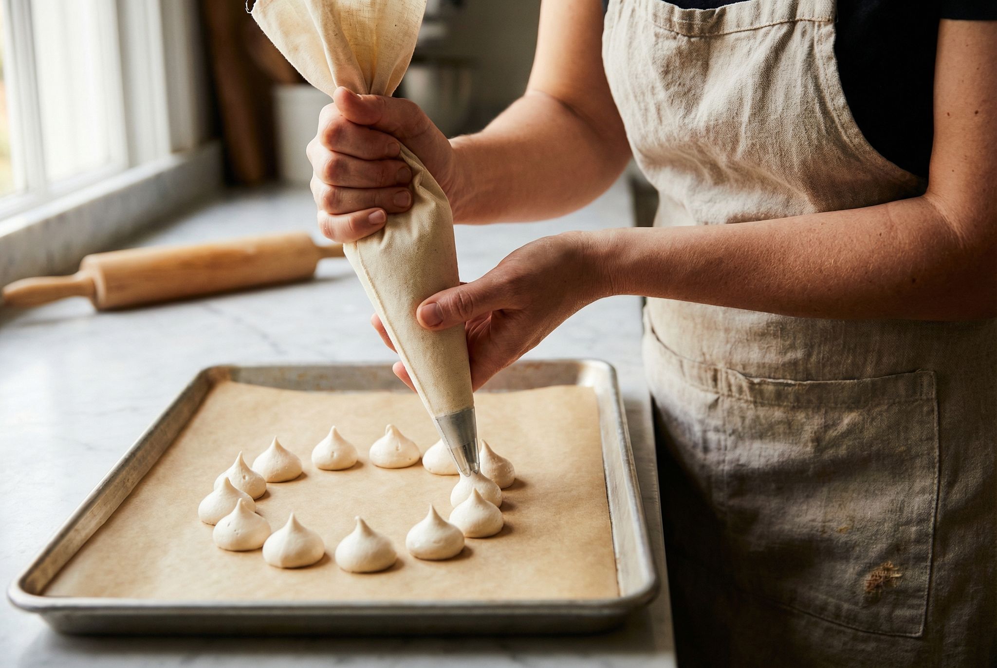 The Cakish kitchen — piping a fresh meringue base by hand in Wicklow, Ireland.
